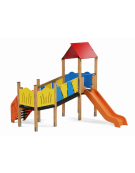 Baby Villaggio, 2 torri con pali in legno termotrattato, scivolo in polietilene - scala in lamiera - cm 395x370x330h