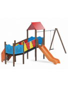 Baby vilaggio, 2 torri con pali in alluminio rifiniti in legno light, scivolo in polietilene - altalena 1 posto -cm 426x646x330h