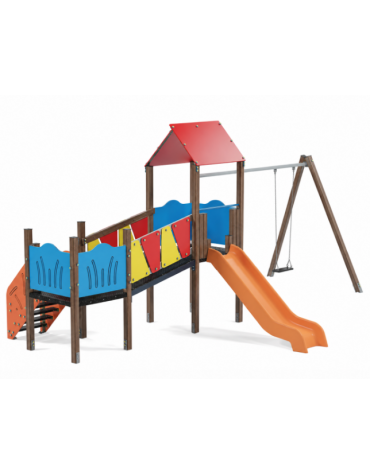 Baby vilaggio, 2 torri con pali in alluminio rifiniti in legno light, scivolo in polietilene - altalena 1 posto -cm 426x646x330h