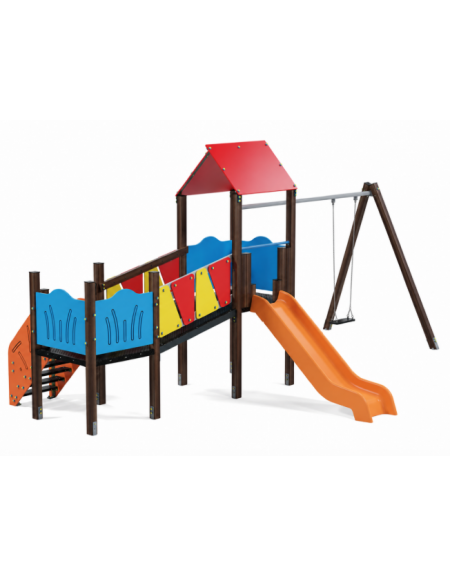 Baby vilaggio, 2 torri con pali in alluminio rifiniti in legno dark, scivolo in polietilene - altalena 1 posto - cm 426x646x330h