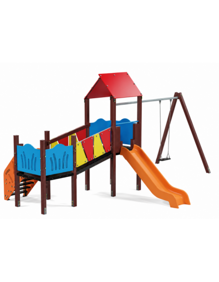 Baby vilaggio, 2 torri con pali in plastica riciclata, scivolo in polietilene - altalena 1 posto - cm 426x646x330h