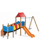 Baby vilaggio, 2 torri con pali in legno termotrattato, scivolo in polietilene - altalena 1 posto - cm 426x646x330h