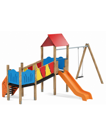 Baby vilaggio, 2 torri con pali in legno termotrattato, scivolo in polietilene - altalena 1 posto - cm 426x646x330h