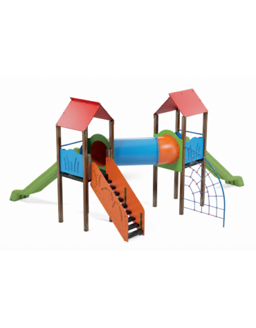 Mini villaggio con pali in alluminio rifiniti in legno light, arrampicata - 2 torri e 2 scivoli - cm 627x663x360h