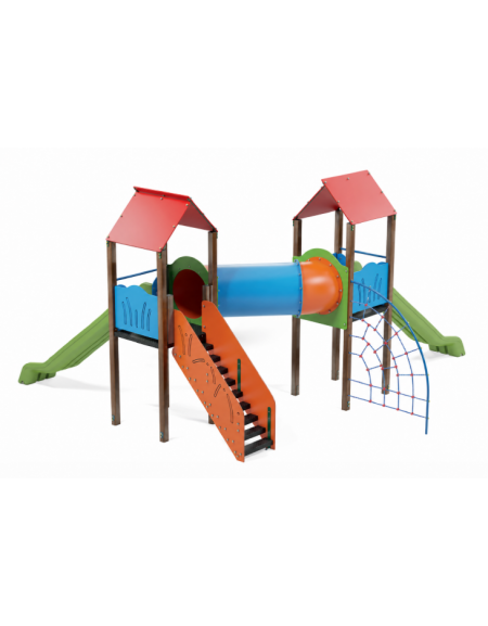 Mini villaggio con pali in alluminio rifiniti in legno light, arrampicata - 2 torri e 2 scivoli - cm 627x663x360h