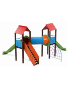Mini villaggio con pali in plastica riciclata, arrampicata - 2 torri e 2 scivoli - cm 627x663x360h
