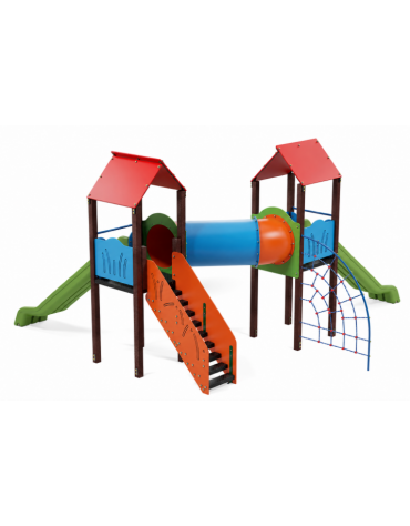 Mini villaggio con pali in plastica riciclata, arrampicata - 2 torri e 2 scivoli - cm 627x663x360h