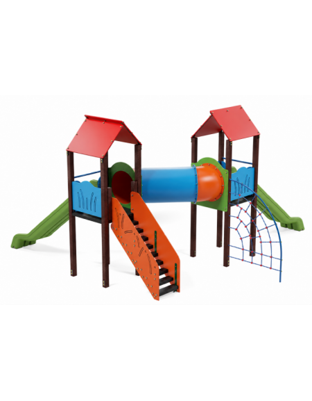 Mini villaggio con pali in plastica riciclata, arrampicata - 2 torri e 2 scivoli - cm 627x663x360h