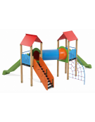 Mini villaggio con pali in legno di pino termotrattato, arrampicata - 2 torri e 2 scivoli - cm 627x663x360h