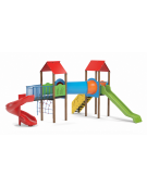 Mini villaggio con pali in alluminio rifiniti in legno light, arrampicata - 2 torri e 2 scivoli - cm 636x663x360h