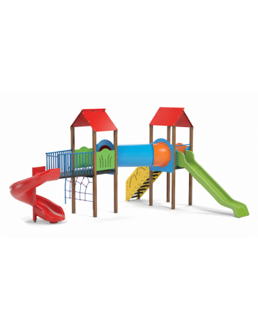 Mini villaggio con pali in alluminio rifiniti in legno light, arrampicata - 2 torri e 2 scivoli - cm 636x663x360h