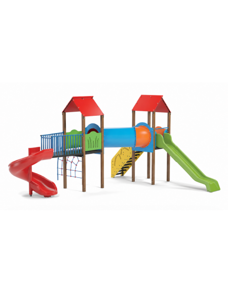Mini villaggio con pali in alluminio rifiniti in legno light, arrampicata - 2 torri e 2 scivoli - cm 636x663x360h