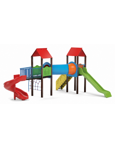 Mini villaggio con pali in plastica riciclata, arrampicata - 2 torri e 2 scivoli - scala e pianale in lamiera - cm 636x663x360h