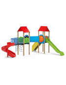 Mini villaggio con pali in legno termotrattato, arrampicata - 2 torri e 2 scivoli - scala e pianale in lamiera - cm 636x663x360h