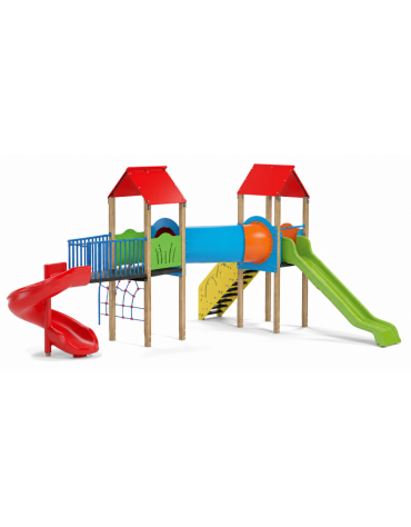Mini villaggio con pali in legno termotrattato, arrampicata - 2 torri e 2 scivoli - scala e pianale in lamiera - cm 636x663x360h