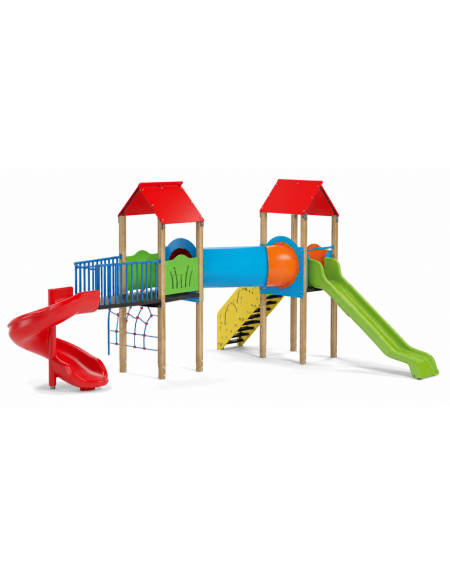 Mini villaggio con pali in legno termotrattato, arrampicata - 2 torri e 2 scivoli - scala e pianale in lamiera - cm 636x663x360h
