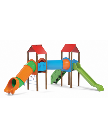 Mini villaggio, pali in alluminio rifiniti legno light, arrampicata - 2 torri e 2 scivoli di cui 1 a tunnel -cm 695x663x360h