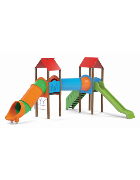 Mini villaggio, pali in alluminio rifiniti legno light, arrampicata - 2 torri e 2 scivoli di cui 1 a tunnel -cm 695x663x360h