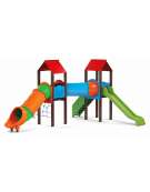 Mini villaggio con pali in plastica riciclata, arrampicata - 2 torri e 2 scivoli di cui 1 a tunnel - cm 695x663x360h