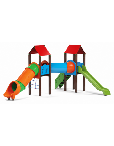 Mini villaggio con pali in plastica riciclata, arrampicata - 2 torri e 2 scivoli di cui 1 a tunnel - cm 695x663x360h