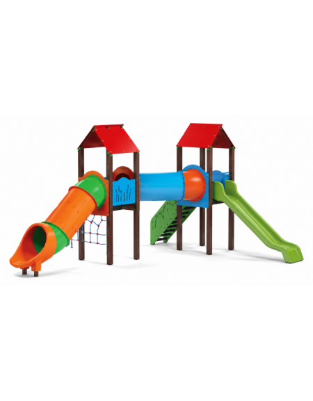 Mini villaggio con pali in plastica riciclata, arrampicata - 2 torri e 2 scivoli di cui 1 a tunnel - cm 695x663x360h