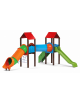Mini villaggio con pali in plastica riciclata, arrampicata - 2 torri e 2 scivoli di cui 1 a tunnel - cm 695x663x360h