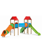 Mini villaggio con pali in legno termotrattato, arrampicata - 2 torri e 2 scivoli di cui 1 a tunnel - cm 695x663x360h