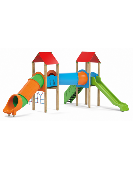 Mini villaggio con pali in legno termotrattato, arrampicata - 2 torri e 2 scivoli di cui 1 a tunnel - cm 695x663x360h