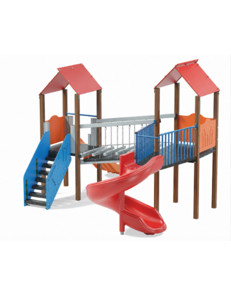 Mini villaggio, 2 torri con pali in alluminio rifiniti in legno light - 2 scivoli di cui 1 elicoidale - cm443x587x360h