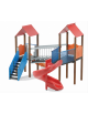 Mini villaggio, 2 torri con pali in alluminio rifiniti in legno light - 2 scivoli di cui 1 elicoidale - cm443x587x360h