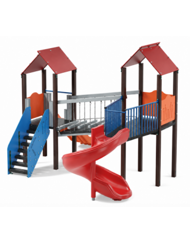 Mini villaggio, 2 torri con pali in alluminio rifiniti in legno dark - 2 scivoli di cui 1 elicoidale - cm443x587x360h