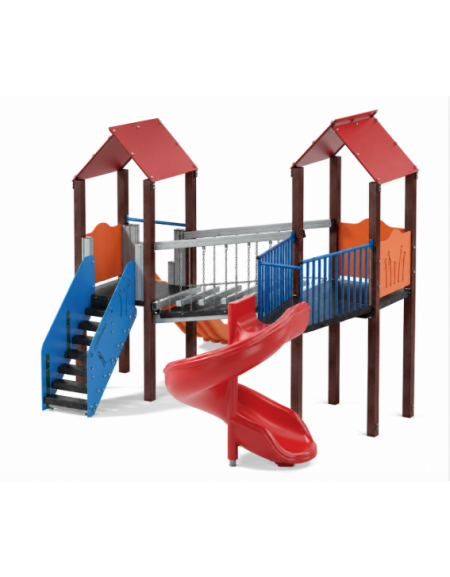 Mini villaggio musicale, 2 torri con pali in plastica riciclata - 2 scivoli di cui 1 elicoidale - cm 443x587x360h