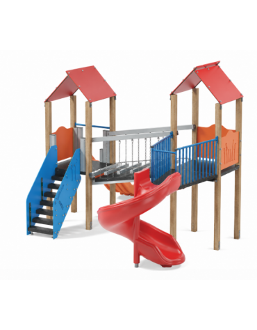 Mini villaggio, 2 torri con pali in legno termotrattato - 2 scivoli di cui 1 elicoidale - cm 443x587x360h