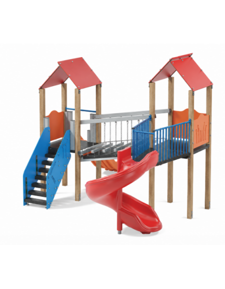Mini villaggio, 2 torri con pali in legno termotrattato - 2 scivoli di cui 1 elicoidale - cm 443x587x360h