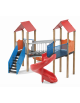 Mini villaggio, 2 torri con pali in legno termotrattato - 2 scivoli di cui 1 elicoidale - cm 443x587x360h