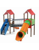 Mini villaggio musicale, 2 torri con pali in alluminio rifiniti in legno light - 2 scivoli di cui 1 a tunnel - cm 443x645x360h
