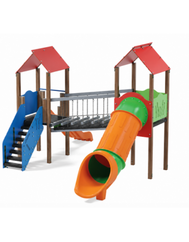 Mini villaggio musicale, 2 torri con pali in alluminio rifiniti in legno light - 2 scivoli di cui 1 a tunnel - cm 443x645x360h