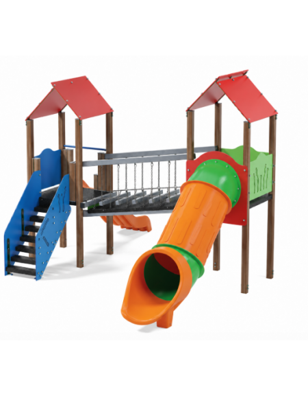 Mini villaggio musicale, 2 torri con pali in alluminio rifiniti in legno light - 2 scivoli di cui 1 a tunnel - cm 443x645x360h