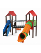 Mini villaggio, 2 torri con pali in alluminio rifiniti in legno dark - 2 scivoli di cui 1 a tunnel - cm 443x645x360h