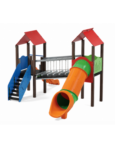 Mini villaggio, 2 torri con pali in alluminio rifiniti in legno dark - 2 scivoli di cui 1 a tunnel - cm 443x645x360h