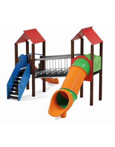 Mini villaggio, 2 torri con pali in plastica riciclata - 2 scivoli di cui 1 a tunnel - cm 443x645x360h