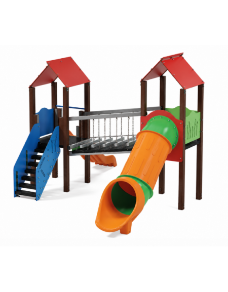 Mini villaggio, 2 torri con pali in plastica riciclata - 2 scivoli di cui 1 a tunnel - cm 443x645x360h