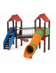 Mini villaggio, 2 torri con pali in plastica riciclata - 2 scivoli di cui 1 a tunnel - cm 443x645x360h