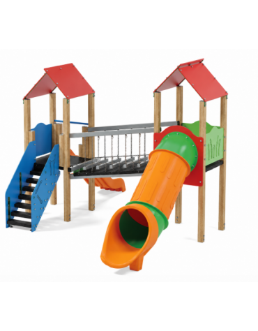 Mini villaggio, 2 torri con pali in legno di pino termotrattato - 2 scivoli di cui 1 a tunnel - cm 443x645x360h