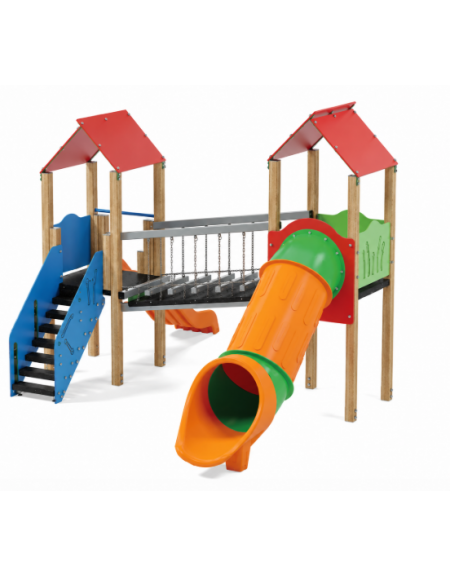 Mini villaggio, 2 torri con pali in legno di pino termotrattato - 2 scivoli di cui 1 a tunnel - cm 443x645x360h