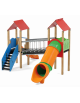 Mini villaggio, 2 torri con pali in legno di pino termotrattato - 2 scivoli di cui 1 a tunnel - cm 443x645x360h