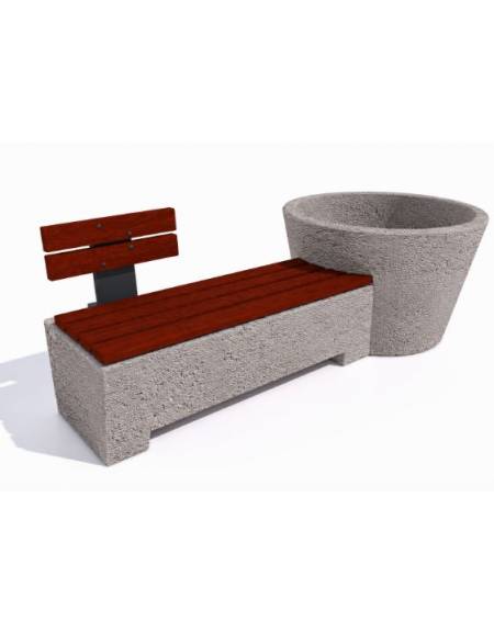 Panchina con fioriera tonda in cemento colore Bianco sabbiato - schienale 1 posto e seduta in legno - cm 230x129x100h - CAM