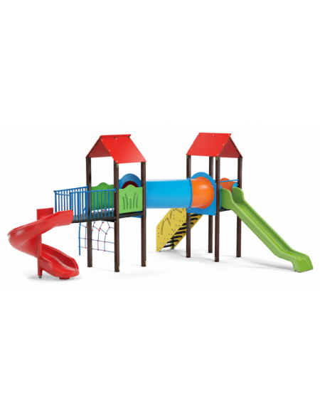Mini villaggio con pali in alluminio rifiniti in legno dark, arrampicata - 2 torri e 2 scivoli - cm 636x663x360h