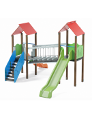 Mini villaggio, 2 torri con pali in alluminio rifiniti legno light  - 2 scivoli - scala in lamiera - cm 443x577x360h