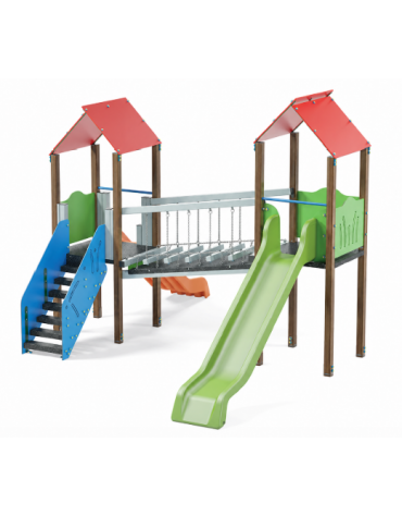Mini villaggio, 2 torri con pali in alluminio rifiniti legno light  - 2 scivoli - scala in lamiera - cm 443x577x360h